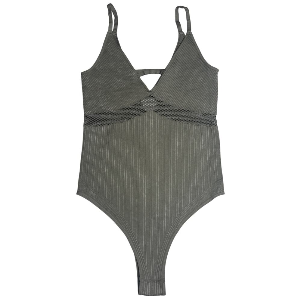 Ribbed One Piece Bodysuit Olive Green V Neck Mesh Waist Stretch
